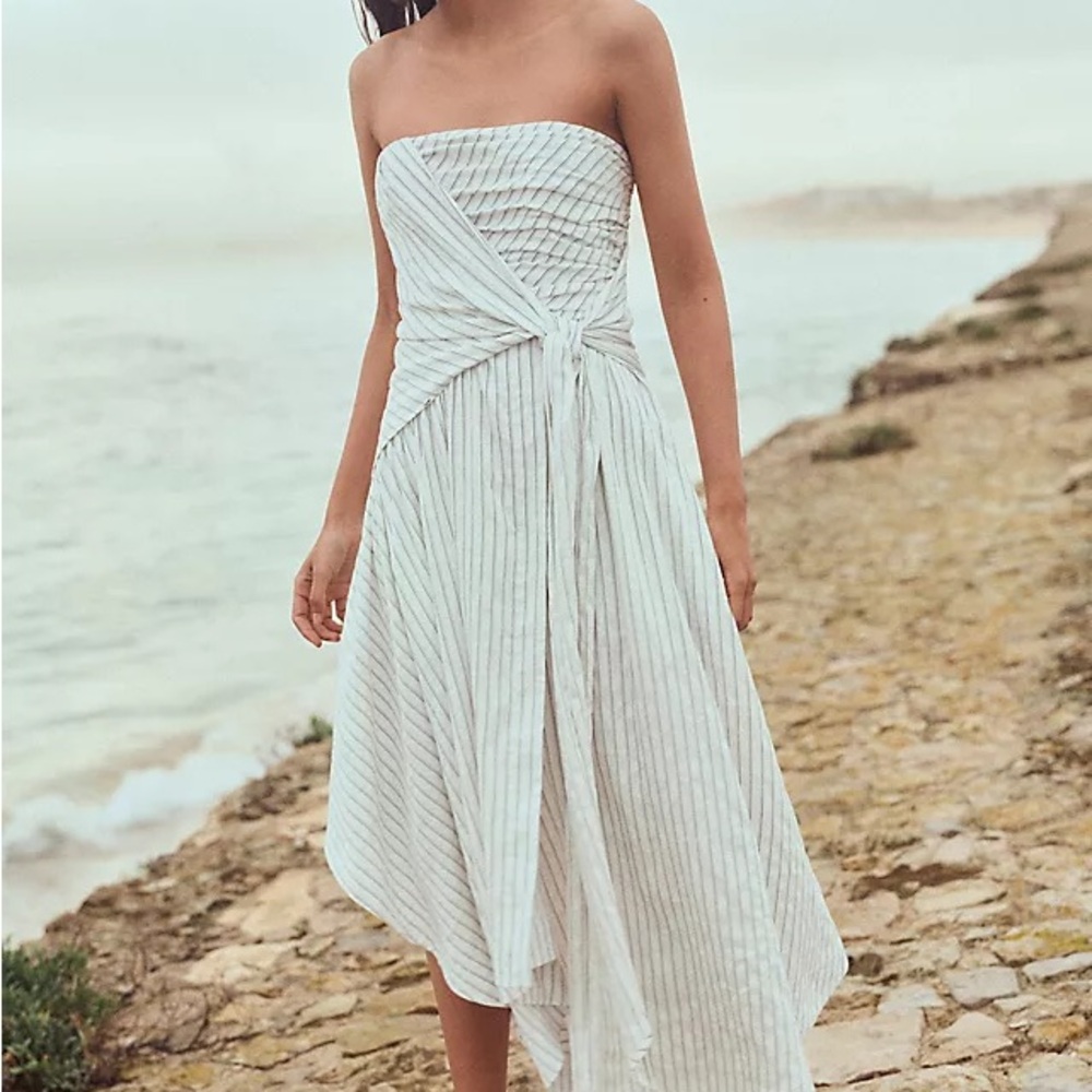 Anthropologie Strapless Hanky Hem Midi Dress with stripes and waist tie
